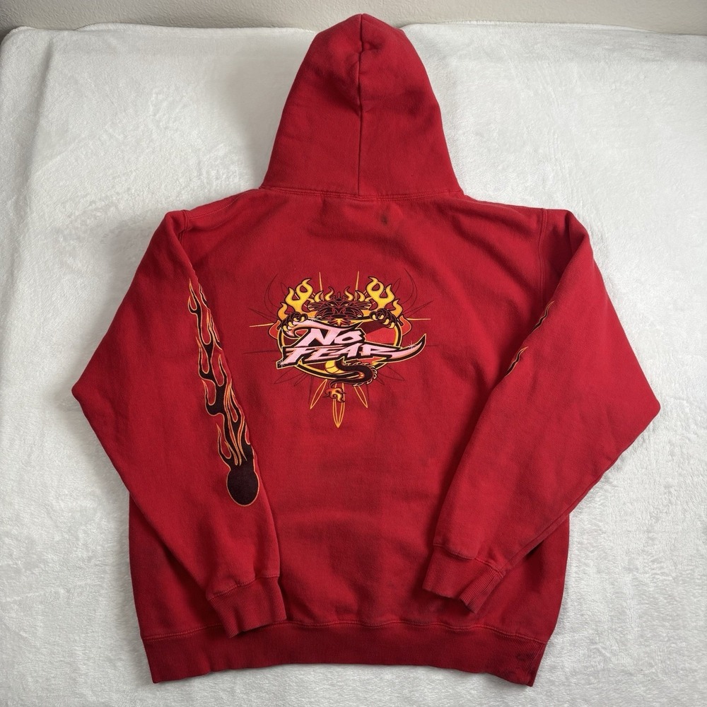 VTG Y2K No Fear Dragon Flames Long Sleeve Red Fleece Hoodie Distressed Men's Med